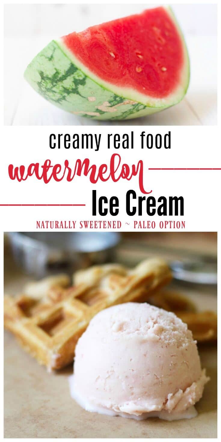 Creamy Real Food Watermelon Ice Cream is the perfect summer treat! This refreshing ice cream is naturally sweetened and simply delicious. | Recipes to Nourish | Gluten-free desserts | Real Food treats | Frozen treats | Dairy-free ice cream | Paleo ice cream | Healthy treats | Summer treats || #icecream #frozentreats #realfood #dessertrecipes