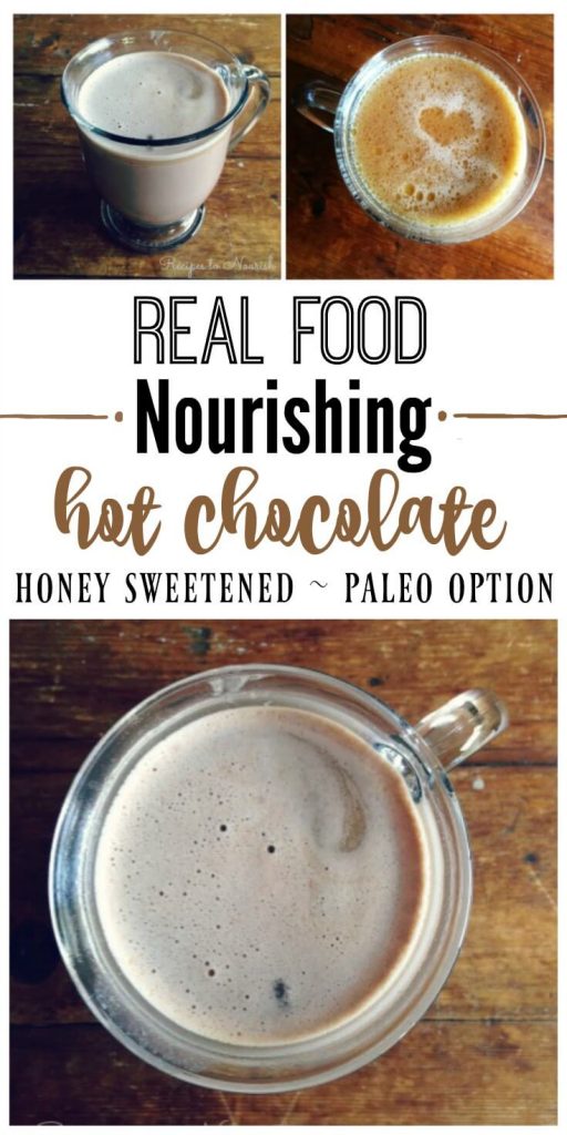 Nourishing Honey Sweetened Hot Chocolate is chocolaty and comforting like the old fashioned kind we all grew up with. This version has lots of optional, wholesome and healthy add-ins. | Recipes to Nourish
