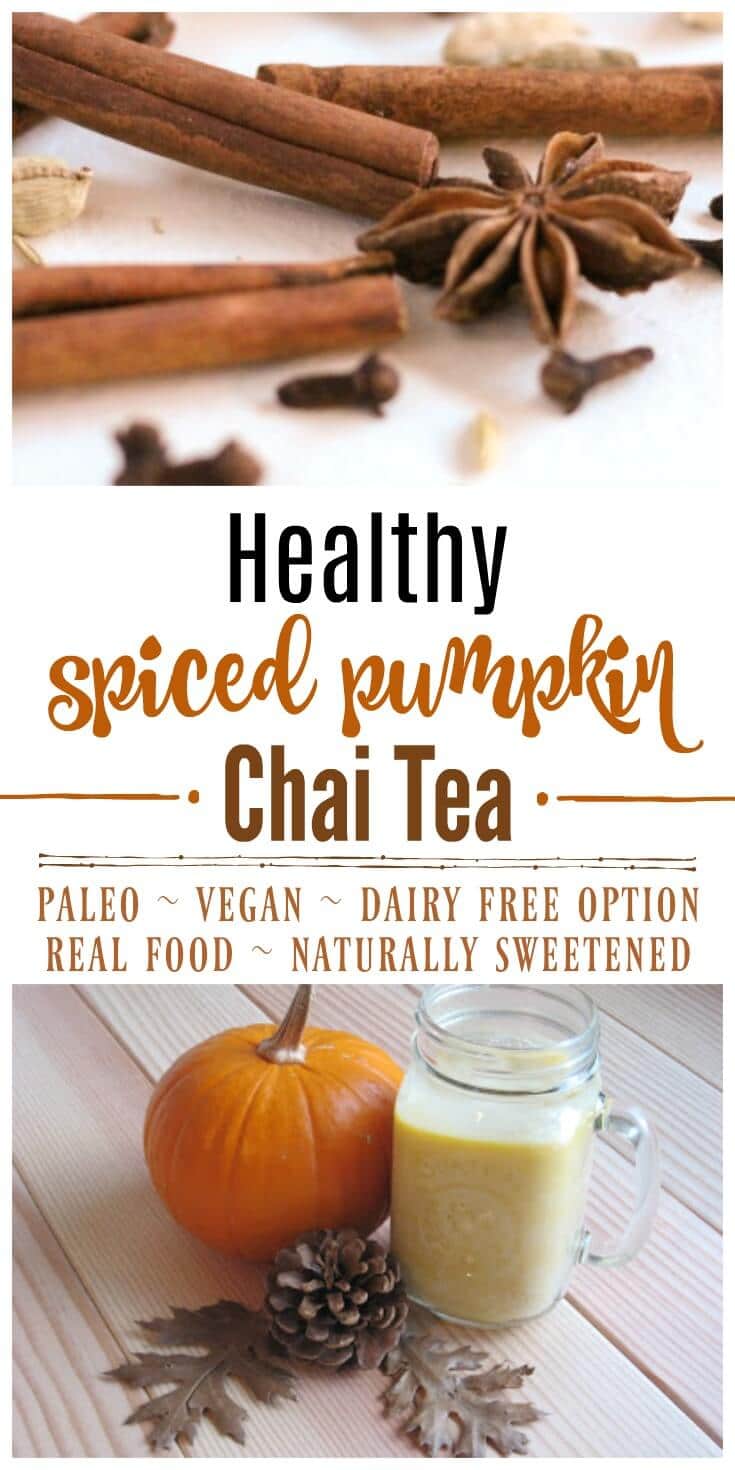 Creamy, spicy and simply divine! This Healthy Spiced Pumpkin Chai Tea is caffeine free, has lots of fresh ginger, a delicious blend of spices, is naturally sweetened and has Paleo and vegan options. | Recipes to Nourish // Gluten Free | Dairy Free | Fall Drinks