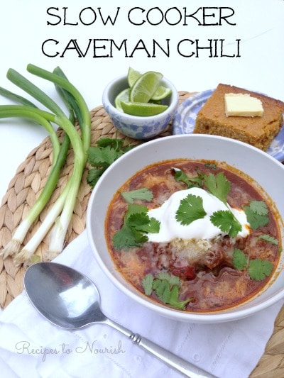 This delicious Slow Cooker Caveman Chili is packed with hearty, tender chunks of meat, lots of vegetables and a few special nourishing ingredients. | Recipes to Nourish // Primal | Paleo | Gluten Free | Grain Free