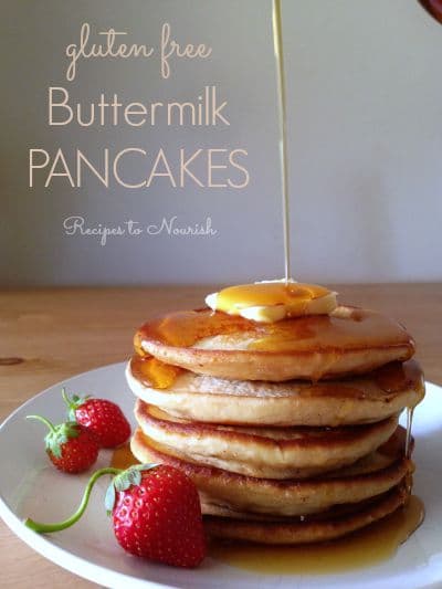 Need a quick morning breakfast? These Gluten Free Buttermilk Pancakes made from scratch are perfect! Plus they make a fun weekend breakfast too. So make up a big batch and share them with someone you love. | Recipes to Nourish #pancakes #glutenfreepancakes #glutenfreebuttermilkpancakes