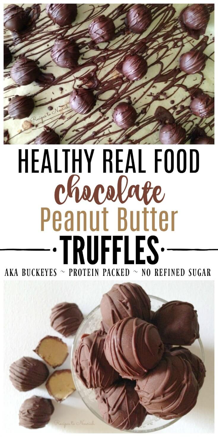Healthy Real Food Chocolate Peanut Butter Truffles are a fun, protein-packed, festive treat for the holidays - with better ingredients than Buckeyes or Peanut Butter Balls. Perfect for Easter, Halloween & Christmas! | Recipes to Nourish // Gluten Free | Grain Free | Collagen | Dessert | Homemade Candy
