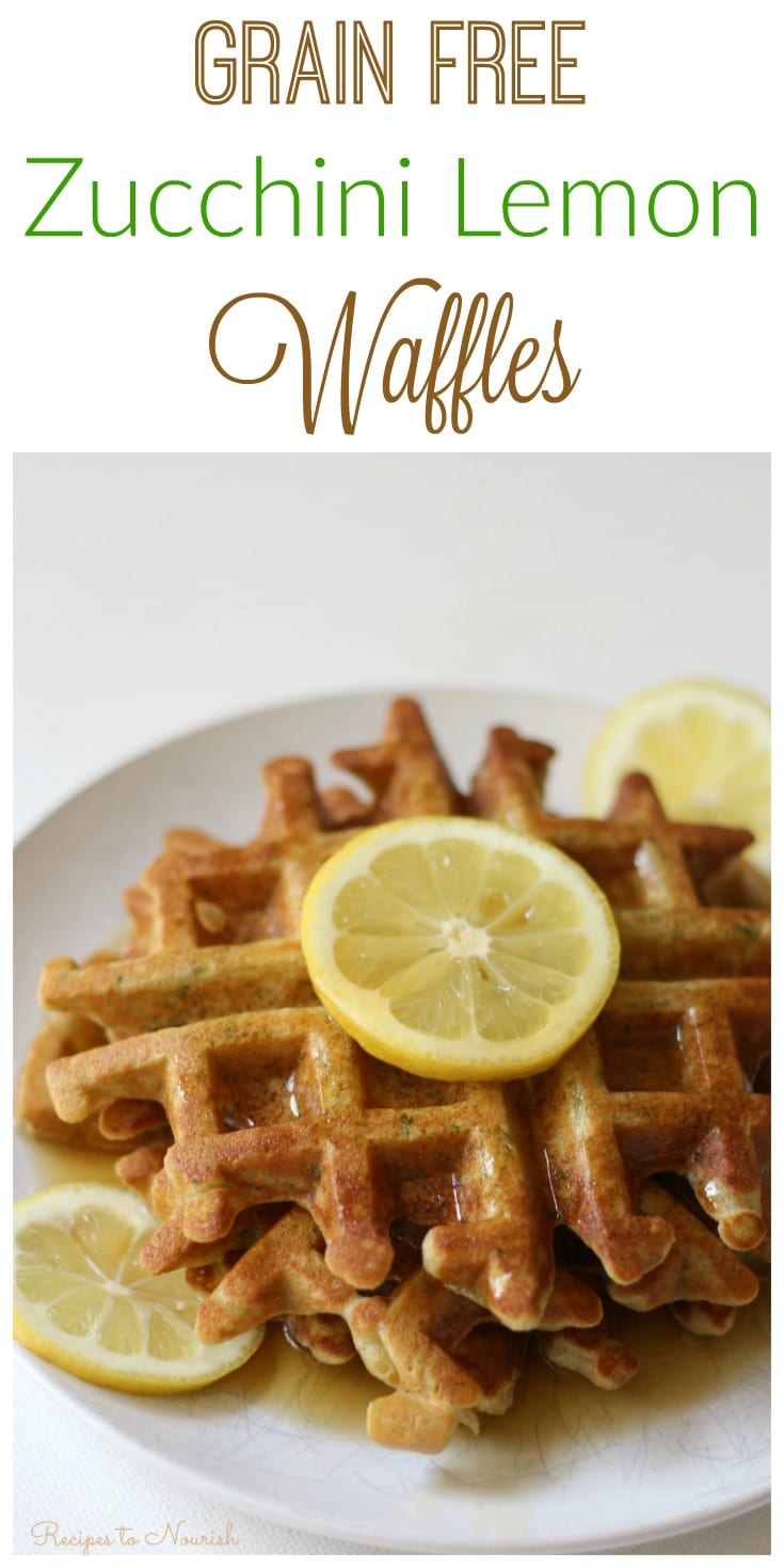 Grain Free Zucchini Lemon Waffles are a fun summertime breakfast. They’re the perfect blend of savory and sweet, super easy to make and a delicious way to use up summer squash. | Recipes to Nourish | Gluten-free waffles | Grain free waffles | Gluten-free breakfast recipes | Grain-free breakfast recipes | Real food recipes | healthy breakfast || #realfood #glutenfreebreakfast