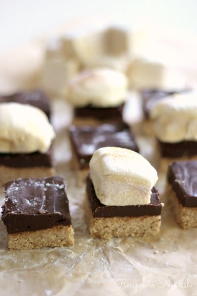 Layers of chocolate on top of cookie crusts with homemade marshmallows.