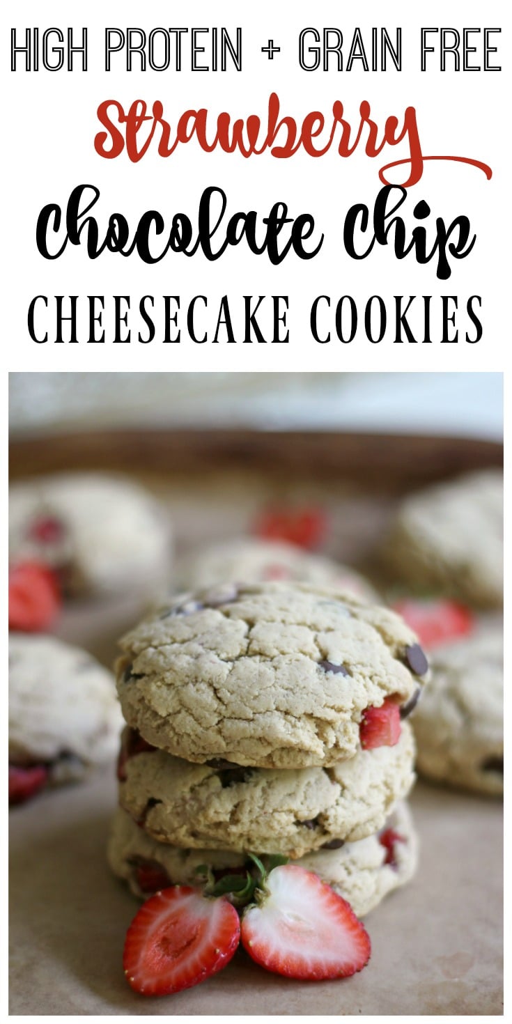 These high protein, grain free, real food Strawberry Chocolate Chip Cheesecake Cookies are so soft and delicious! They're the perfect comfort food treat! | Recipes to Nourish // Grain Free Recipes | Grain Free Cookies | Grain Free Cookie Recipes | Gluten Free Recipes | Gluten Free Cookies | Gluten Free Cookie Recipes | Grain Free Chocolate Chip Cookies | Gluten Free Chocolate Chip Cookies