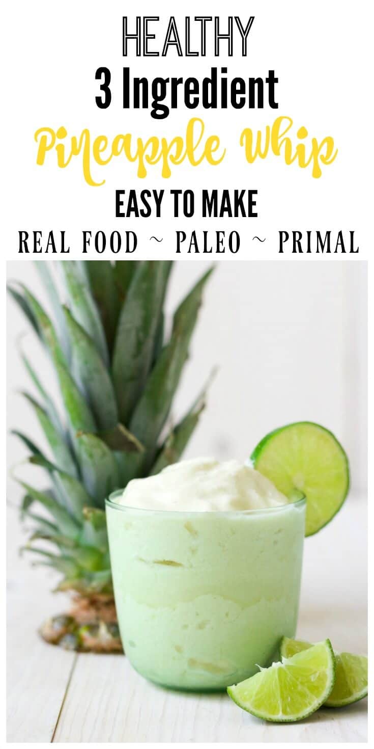 This healthy Pineapple Whip is so easy to make and crazy good! Super creamy and refreshing, this mouthwatering frozen treat has 3 ingredients, no refined sweeteners and whips up in minutes. | Recipes to Nourish | Frozen treats | real food treats | Paleo treats | Healthy pineapple whip | healthy treats | Easy summer treat || #pineapple #frozentreats #summertreats #paleo