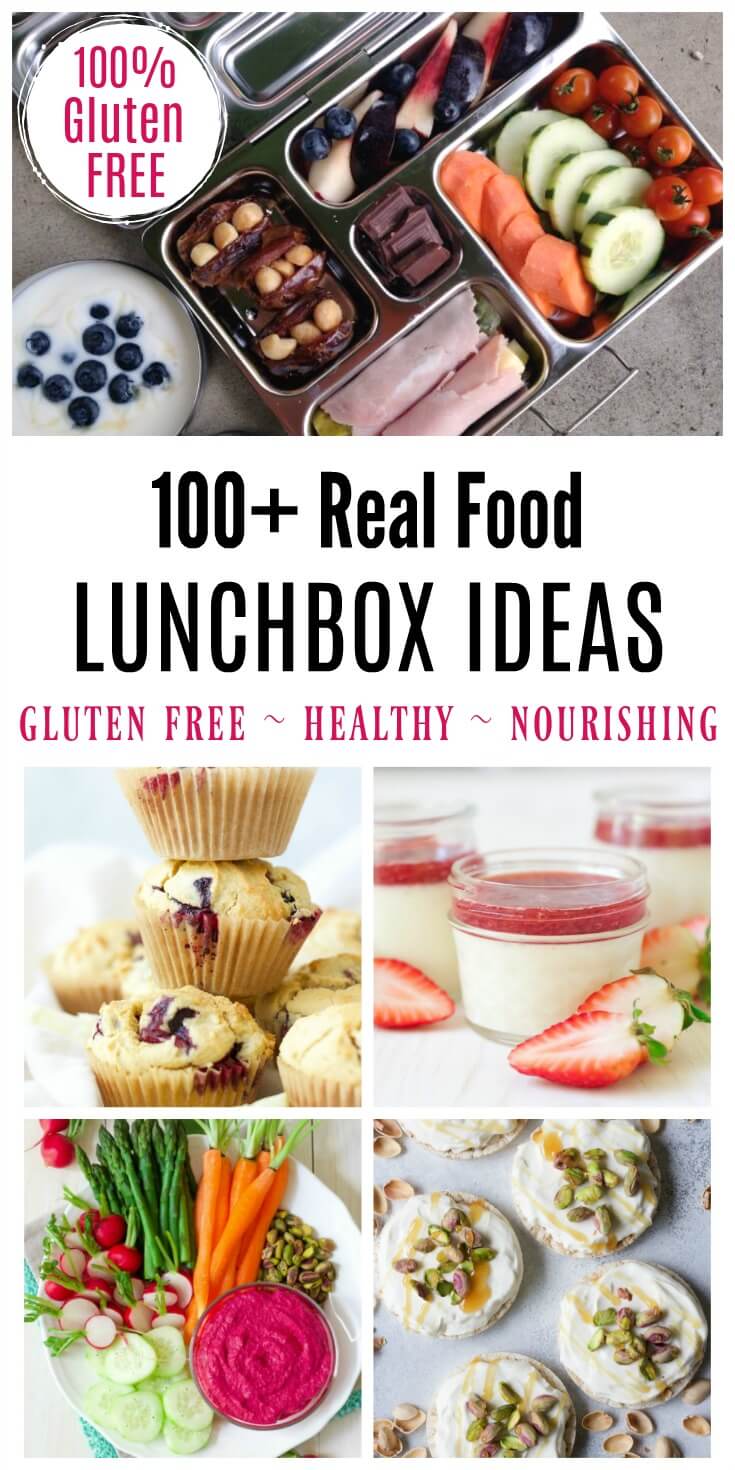 Eating on-the-go doesn't have to be complicated! Just stick to nourishing, unprocessed, real food! Need some inspiration? Here's over 100 Real Food Lunchbox Ideas to get you started! | Recipes to Nourish // Back to School | Back to School Lunches | Healthy Lunches | Gluten Free Recipes | Gluten Free Lunches | Healthy Lunchbox Ideas