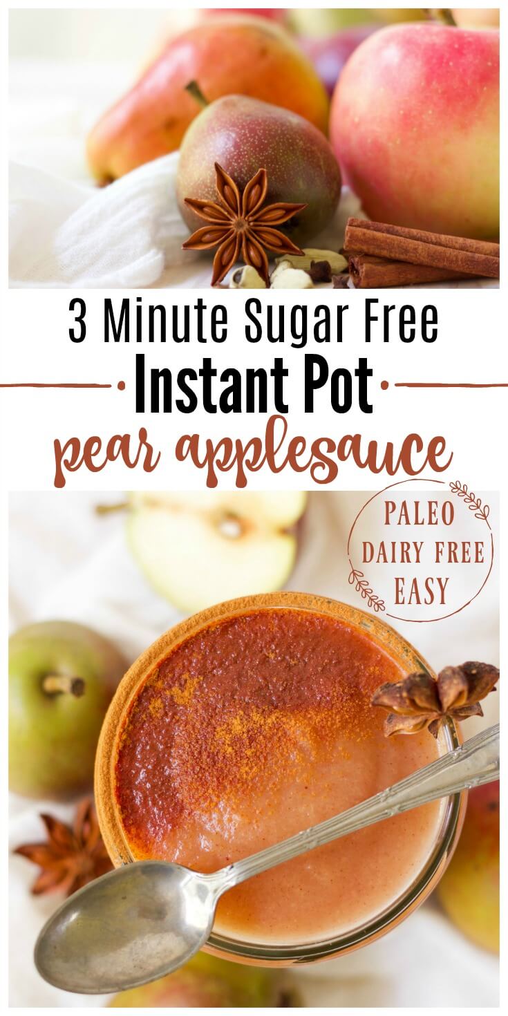 3 Minute Sugar Free Instant Pot Pear Applesauce is pure perfection! Skip the store-bought applesauce and enjoy this delicious, easy to make seasonal bliss instead. It's Paleo friendly, dairy free and can be flavored with chai spices or traditional sweet cinnamon. | Recipes to Nourish // #instantpot #applesauce #allergyfriendly | Paleo Recipes | Gluten Free Recipes | Instant Pot Recipes | Sugar Free Applesauce | Healthy Snacks | School Lunches