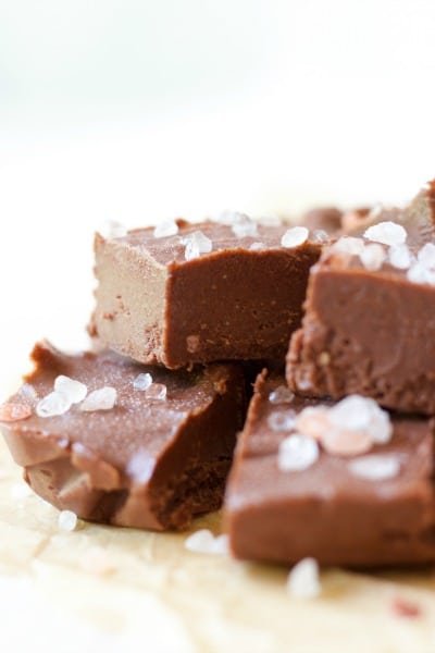 Chocolate Sunflower Freezer Fudge with pink salt on the top cut into slices.