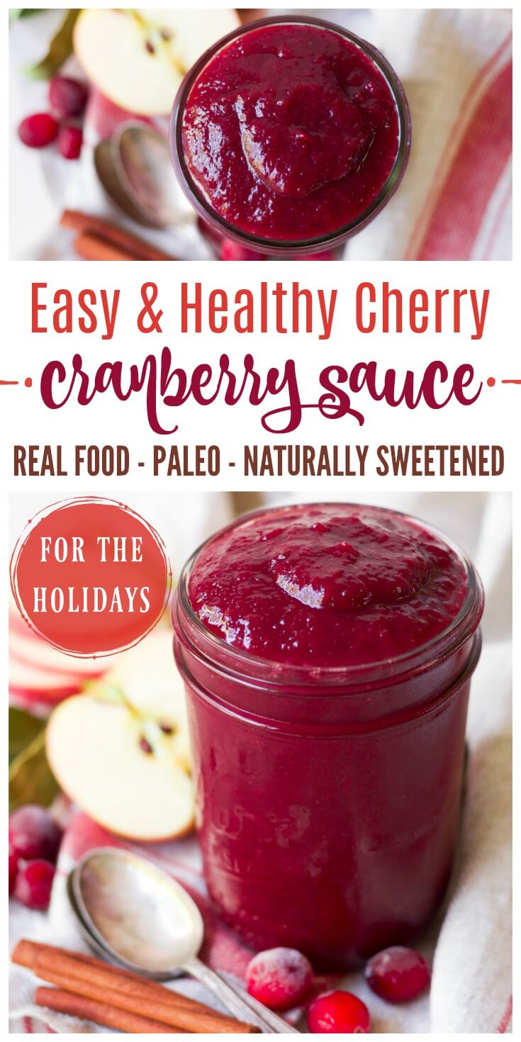 Skip the canned cranberry sauce and make this amazing Healthy Cherry Cranberry Sauce for the holidays instead. It's easy to make, naturally sweetened, chock-full of cranberries, cherries and apples, with a hint of orange and cinnamon. | Recipes to Nourish // Thanksgiving | Christmas | Gluten Free | Vegetarian