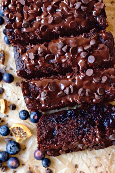 Chocolate banana bread with blueberries and chocolate chips.
