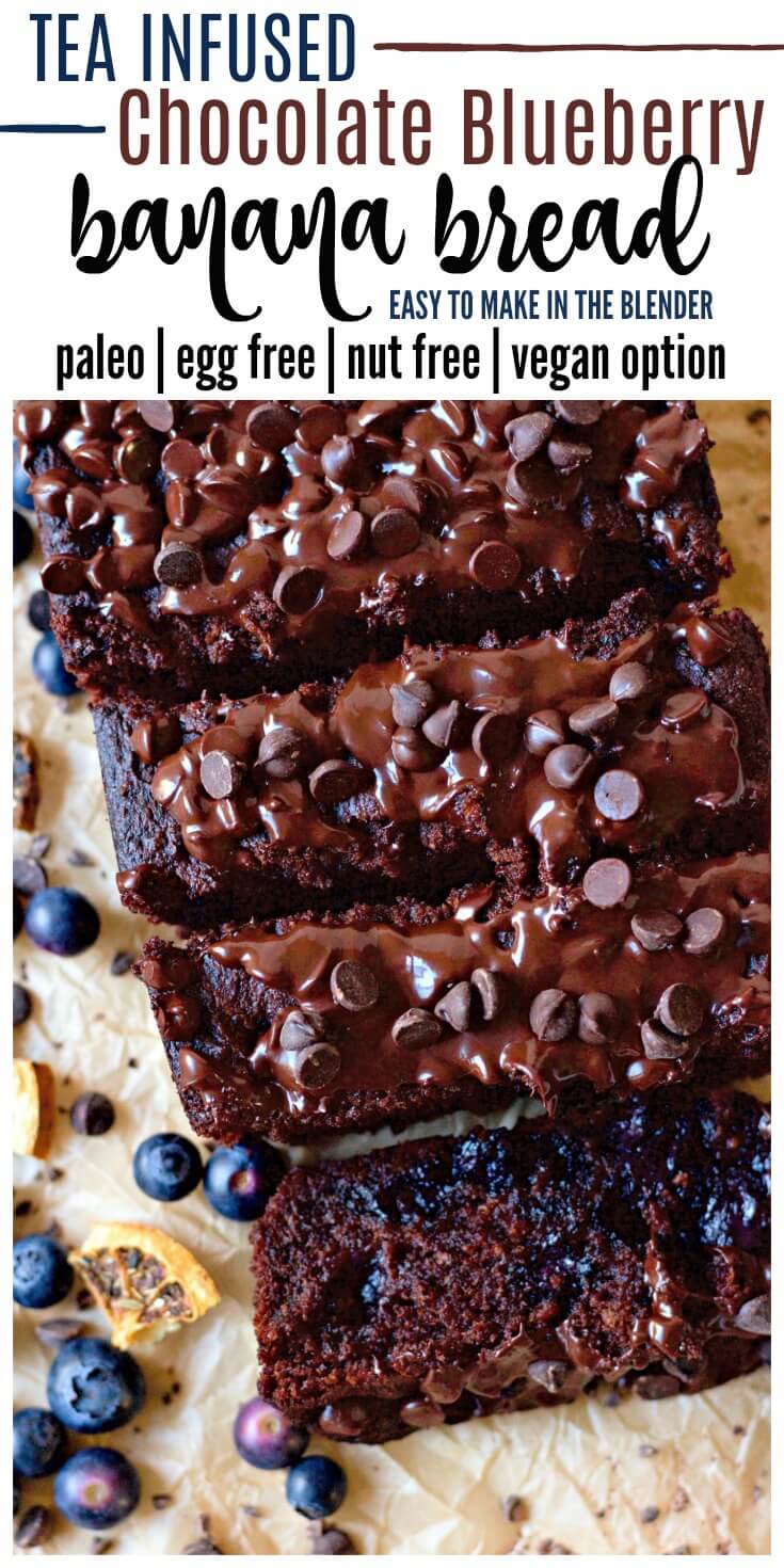 (ad) Tea Infused Paleo Chocolate Blueberry Banana Bread is such a treat! This delicious, easy to make, double chocolate blender banana bread is packed with protein and it's egg-free, naturally sweetened, completely grain and gluten free and vegan-friendly. | Recipes to Nourish #blueberrybread #bananabread #chocolatebananabread #healthybananabread #paleo #gfbananabread #vegan #eggfree