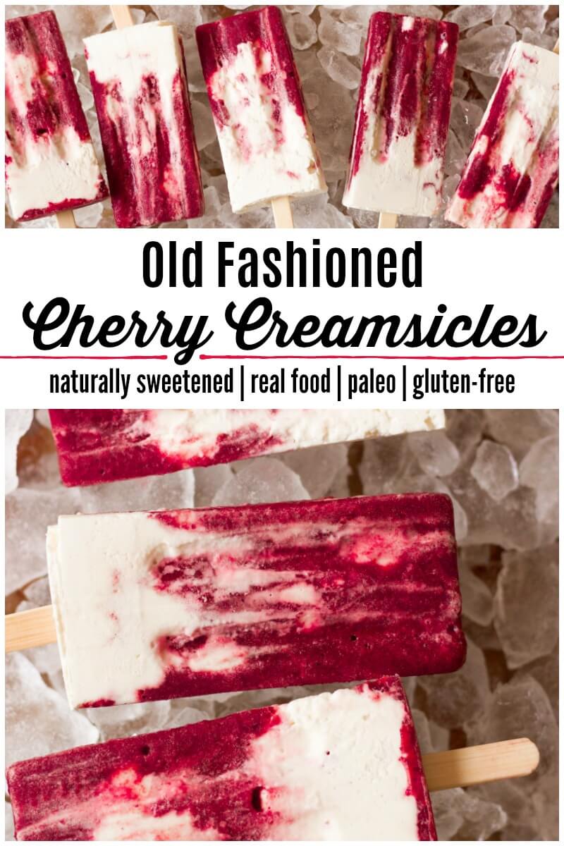 Old Fashioned Cherry Creamsicles! Creamy vanilla goodness paired with sweet, fruity, icy, cherry deliciousness in popsicle form, what's not to like? These delicious popsicles are the perfect Creamsicle® Copycat! | Recipes to Nourish | Healthy Popsicle Recipes | Paleo Popsicles | Real Food Popsicles | Popsicle Recipes | Homemade Popsicles | Copycat Creamsicles | Dairy-Free Popsicles | Naturally Sweetened Treats | real food dessert || #popsicles #creamsicles #realfood #paleo #summertreats