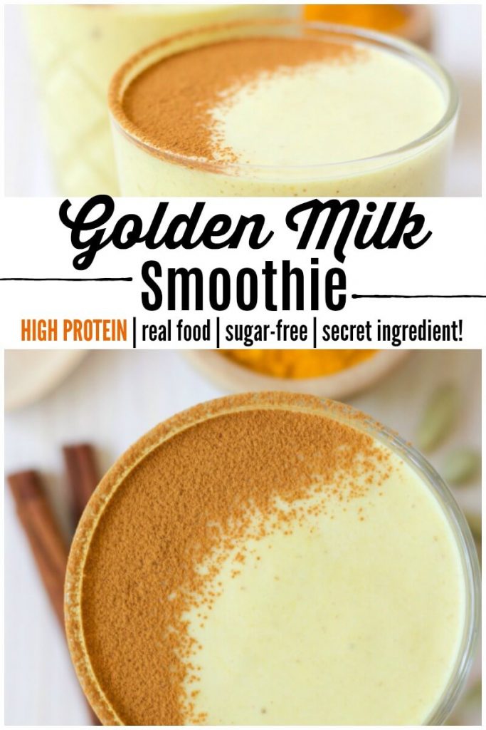 Glasses of Golden Milk smoothies dusted with ground cinnamon.