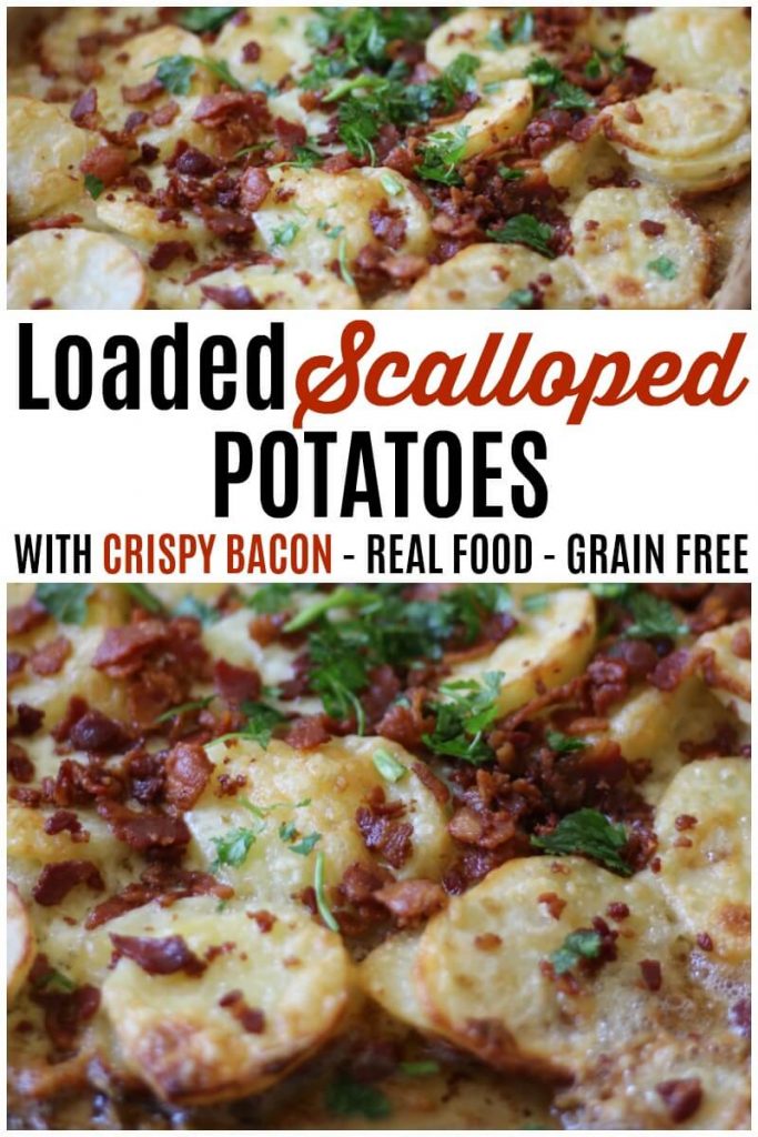 Scalloped potatoes baked with cheese, crispy bacon and topped with fresh herbs.