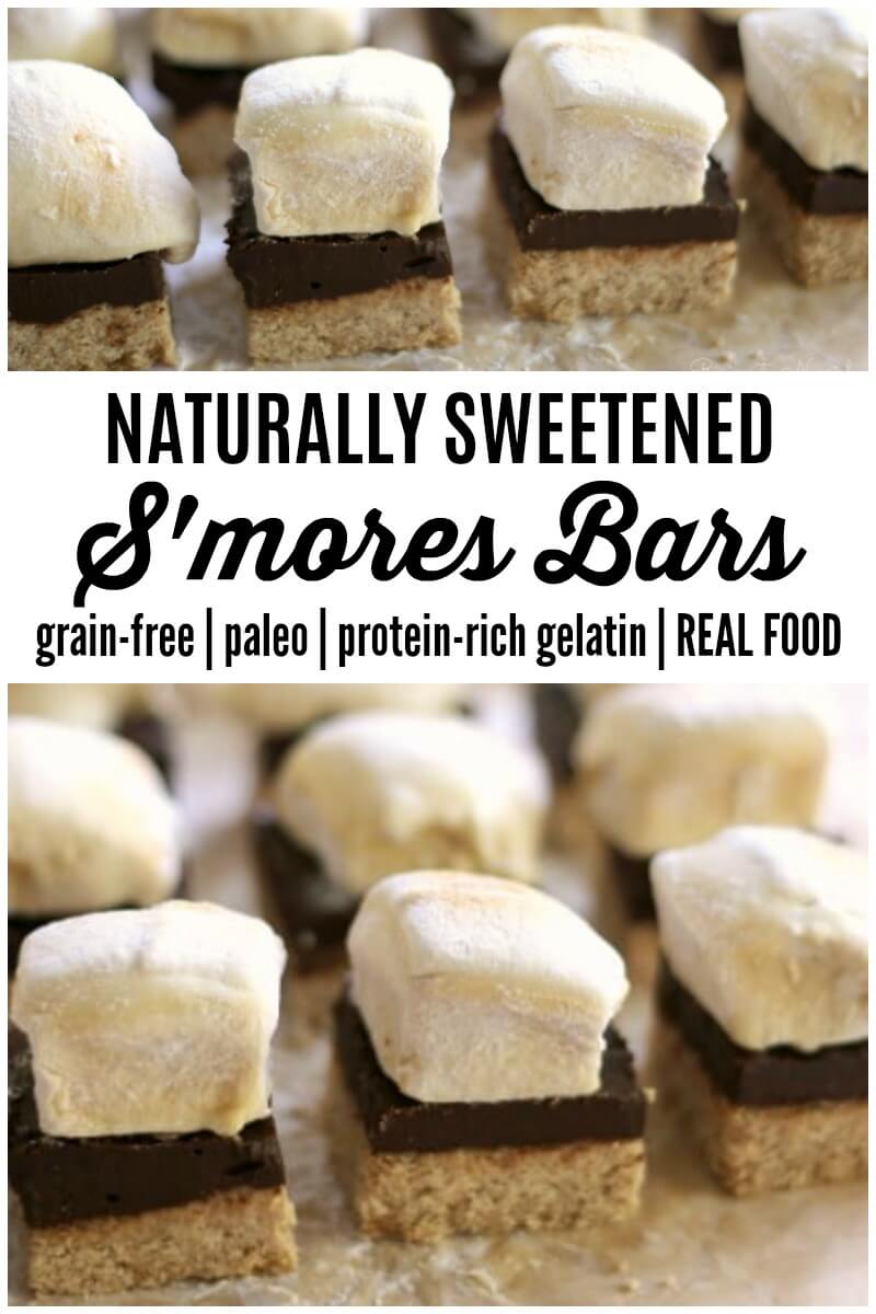 (Ad) Naturally Sweetened Real Food S'mores Bars are a delicious summertime must! Honey sweetened real food marshmallows are layered on top of delicious chocolate ganache and a grain free honey cinnamon