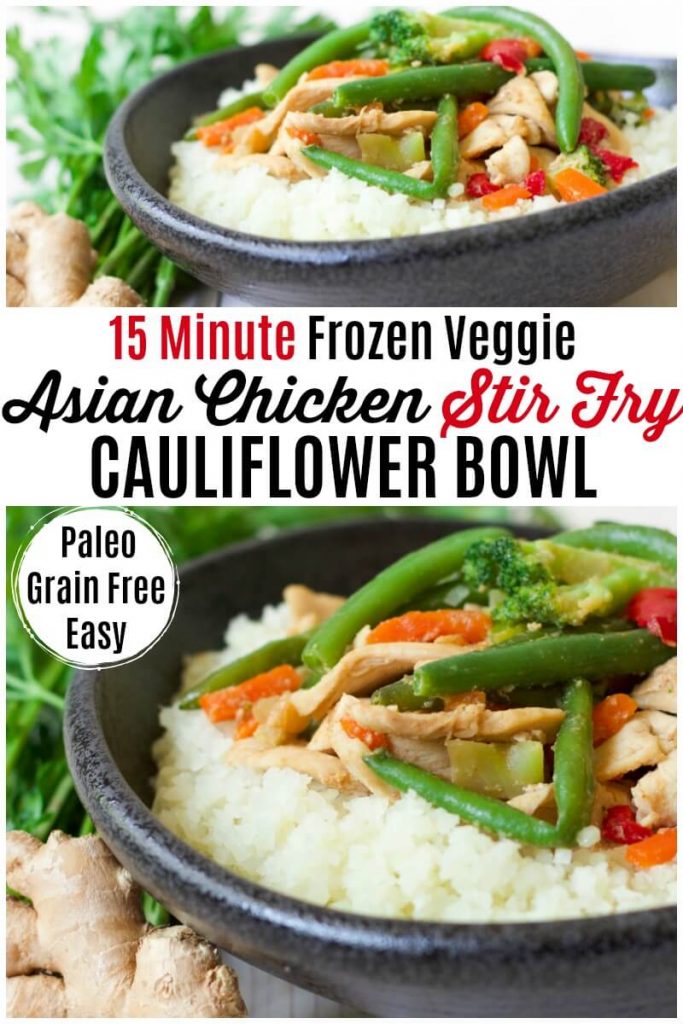 Large bowl with vegetable chicken stir fry on top of cauliflower rice.