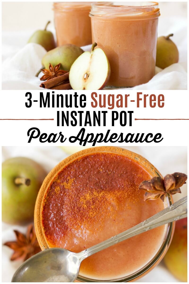 Skip the store-bought applesauce and enjoy this delicious, easy to make, 3 Minute Sugar Free Instant Pot Pear Applesauce. It's Paleo friendly, dairy free and can be flavored with chai spices or traditional sweet cinnamon. | Recipes to Nourish | Easy Instant Pot recipe | Real food recipes | Sugar-free applesauce | Healthy Instant pot recipes | Healthy snacks || #instantpot #healthysnacks #pears #applesauce #realfood #easyrecipe