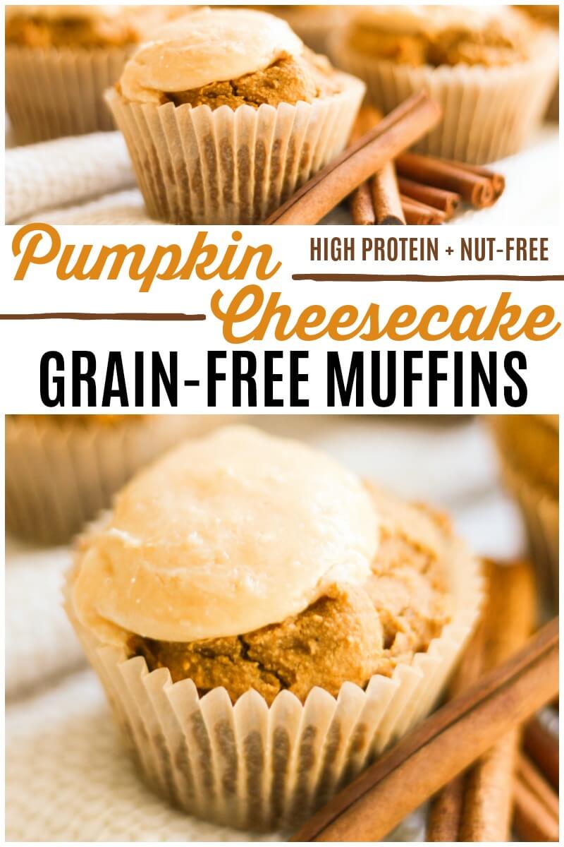 These high protein Grain Free Pumpkin Cheesecake Muffins with a maple cheesecake topping are so soft and delicious. They're easy to make, naturally sweetened, nut-free and perfectly spiced. | Recipes to Nourish | Pumpkin recipes | gluten-free recipes | grain-free recipes | gluten-free muffins | grain-free muffins | pumpkin muffins | pumpkin snacks | fall recipes | holiday recipes | naturally sweetened | fall breakfast | snacks | breakfast || #glutenfree #pumpkinmuffins #muffins #pumpkin #fallrecipes #realfood #grainfreemuffins #pumpkincheesecake #snacks #nutfree