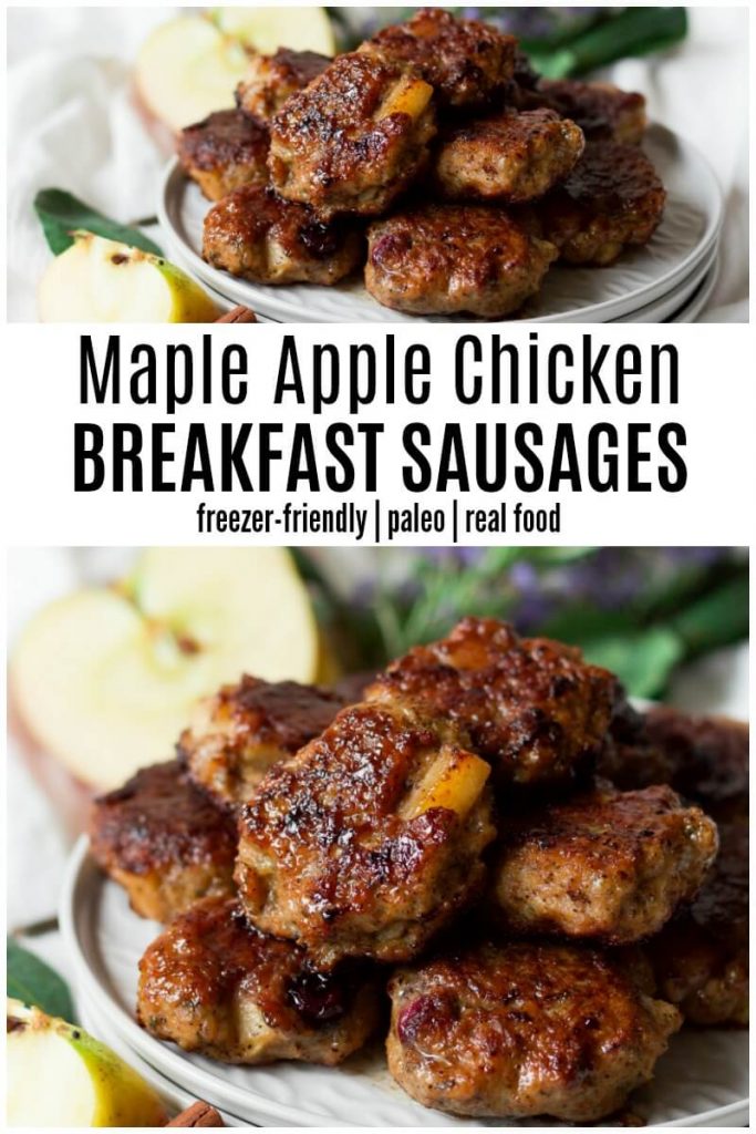 Stack of homemade chicken apple sausages on a plate surrounded by fresh apples.