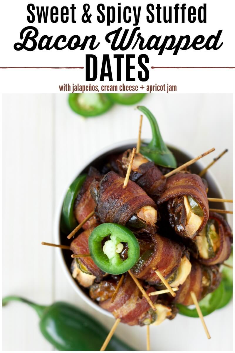Sweet + Spicy Stuffed Bacon Wrapped Dates are crazy good and so easy to make! These delicious small bites are packed with creamy goodness, spicy jalapeño slices, sweet apricot jam, stuffed into chewy caramel-like Medjool dates and wrapped in salty, crispy bacon. | Recipes to Nourish | Healthy snacks | Gluten-free snacks | Game Day snacks | Game Day appetizers | Snack recipes | Bacon appetizers || #gamedaysnacks #healthysnacks #appetizers #bacon #easyrecipe