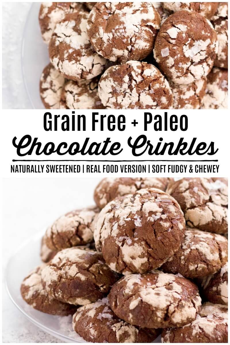 Grain Free Chocolate Crinkles are soft, fudgy cookies with a beautiful crackly top. Delicious and sweet, this healthier real food, Paleo-friendly version is naturally sweetened and sure to please. | Recipes to Nourish | Gluten-free cookies | Grain-free cookies | Holiday cookie recipe | Gluten-free holiday cookies | Gluten-free chocolate crinkle cookies | Holiday dessert recipe | Paleo cookies || #chocolatecrinkles #glutenfreecookies #holidaycookies #christmascookies #paleoholidaycookies