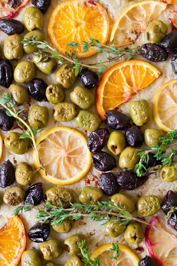 Roasted olives, oranges, lemons and herbs.