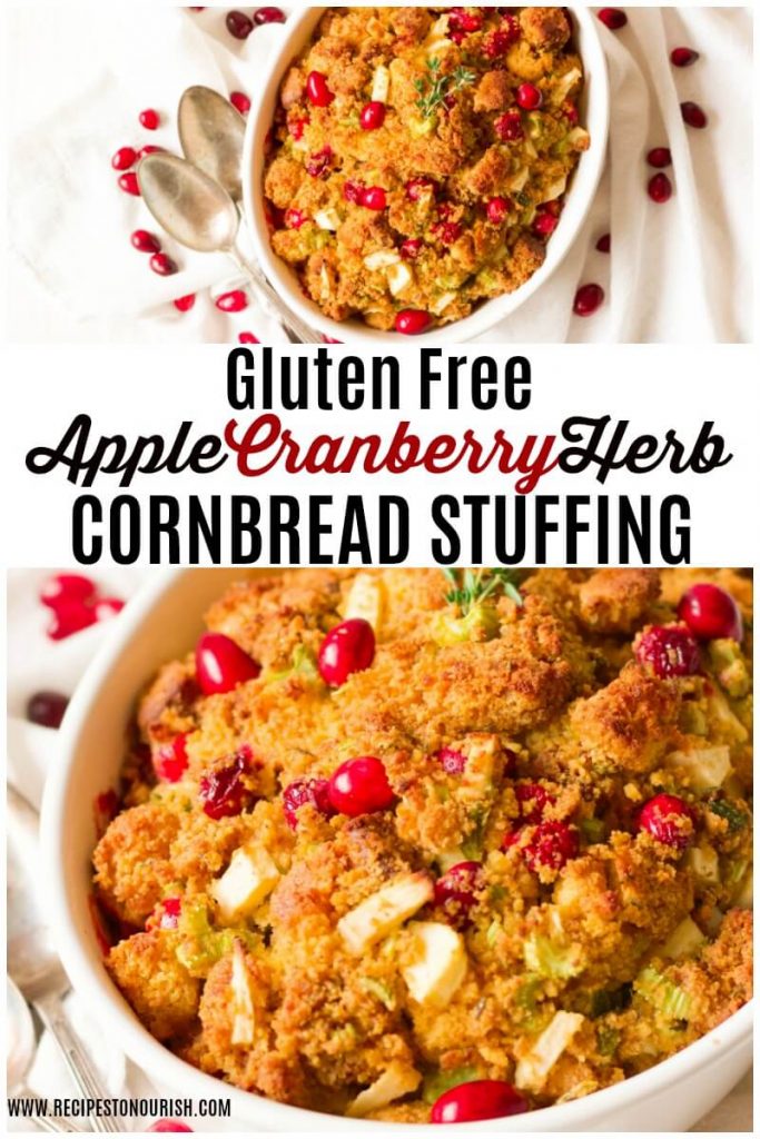 Cornbread stuffing with cranberries in a casserole dish.