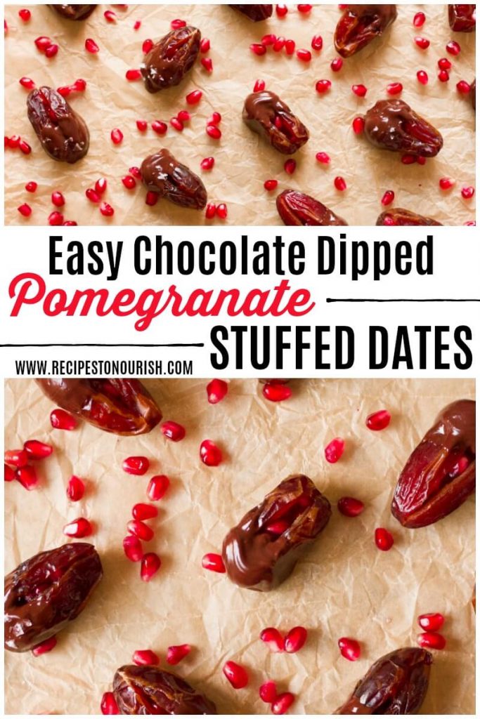 Chocolate dipped dates with pomegranate arils.