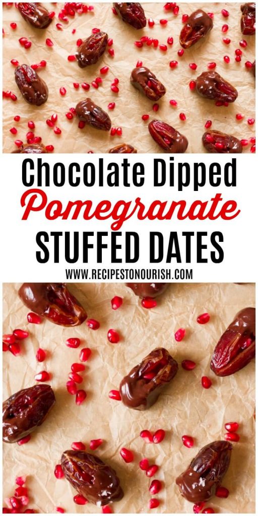 Chocolate dipped dates with pomegranate arils.